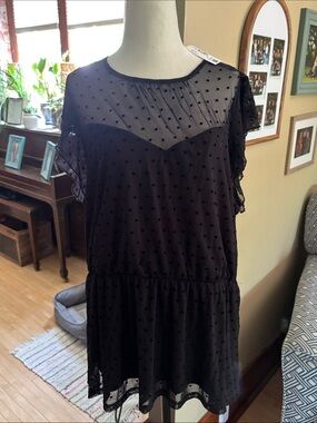 🆕 Addition Elle Black Sheer Dot Flutter Sleeve Blouse, Size 2X
